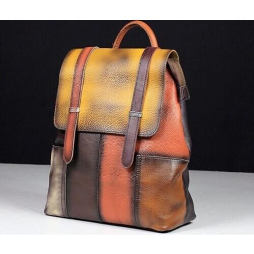 New Simple Casual Top Layer Leather Big Bag Retro Hand-Painted Womens Bag Leather Backpack Backpack