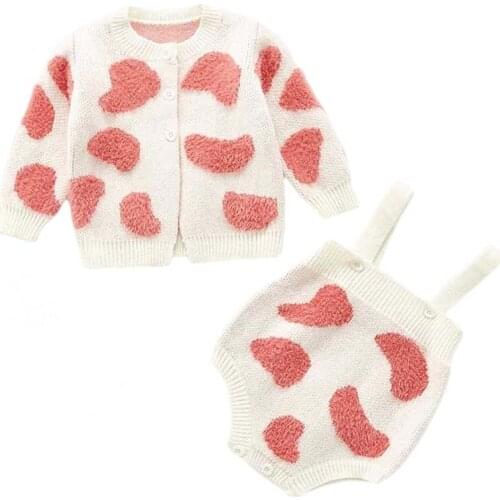 New Autumn Infant Baby Girls Knit Long Sleeve Flower Knit Cardigan Coat + Braces Rompers Clothing Sets Kids Girl Suit Clothes