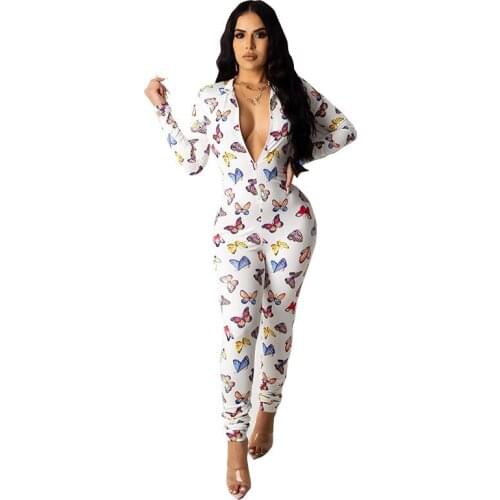 Butterfly Print Skinny Jumpsuit Romper Women Long Sleeve Zip Bodycon Party Club Jumpsuit Overalls Sexy Rompers Womens Jumpsuit