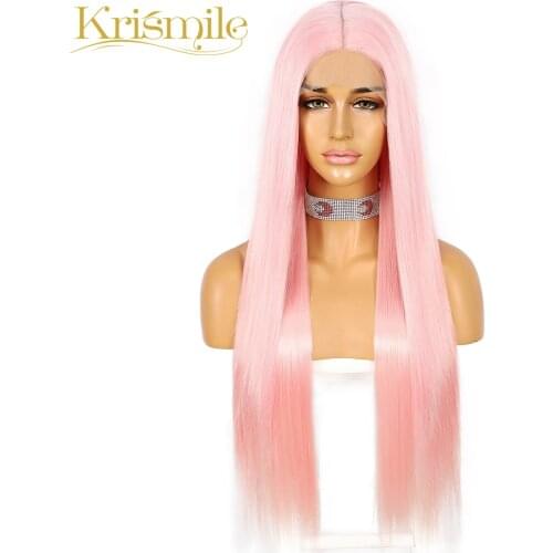 Krismile Long Straight Synthetic Lace Wig Light Pink T Middle Parting Wig Daily Wear for Women Cosplay Party Heat Resistant