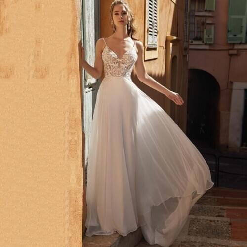Beach Wedding Dresses 2020 V-Neck Spaghetti Strap Appliques Lace Chiffon Backless Boho Bridal Gowns vestidos de novia