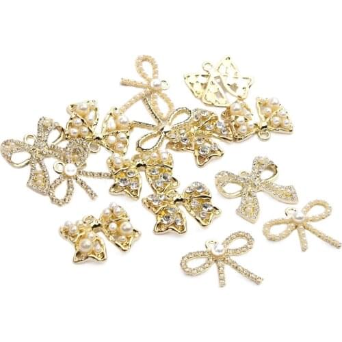 Zinc Alloy Inlaid Pearl Golden Bow Charms 6pcs/lot for DIY Kids Charms for Jewelry Making Nickel Free Charms for Bracelet Making