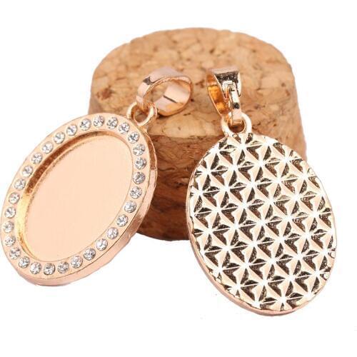 Reidgaller 3pcs rose gold 13x18mm oval rhinestone pendant cabochon base settings diy blank necklace bezel trays for jewelry