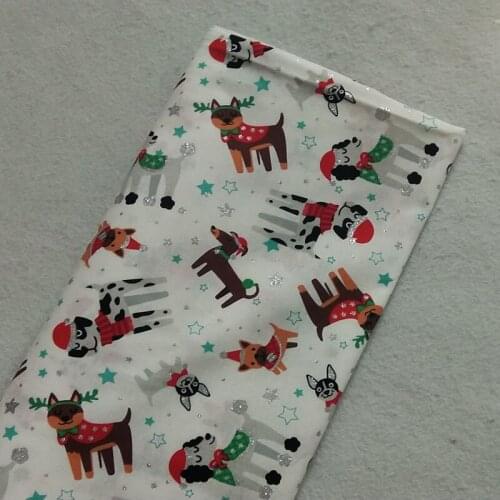 Christmas Glitter Silver Stamping Cute Little Puppy Dog Doggie Printed Cotton Fabric 50x105ccm Bing Bling Fabric Patchwork DIY