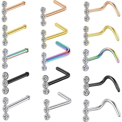 1PCS Stainless Steel Triple Zircon CZ Nose Rings And Studs 20G L Shape Nose Piercing Stud Crystal Nose Ring Tragus Earrings Lobe