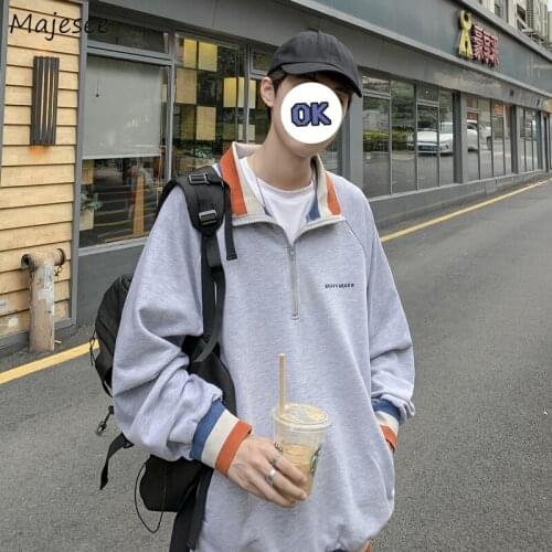 Men No Hat Hoodies Plus Velvet Thicker Zipper Turn-down Collar Patchwork Long Sleeve Loose Retro Ulzzang Sweatshirts Harajuku