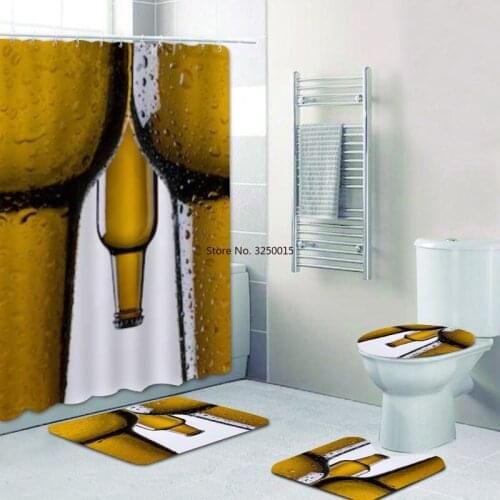 Yellow Red Bottle Bathroom Carpet Toilet Cover Waterproof Shower Curtain with Free Hook 4-piece Art Shower Curtain Set