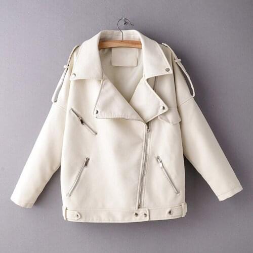 Trendy New Spring Autumn Pu Leather Jacket Women Moto Biker Lapel Zipper Beige Warm Faux Soft Leather Coat Loose Outwear