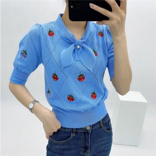 Knit Blouse Shirts for Women 2021 Summer Thin Crop Tops Blusas Mujer Cute Strawberry Embroidery Scarf Collar Puff Sleeve T Shirt