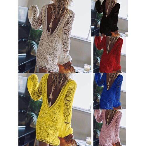 Womens White Bikini Cover Ups 2020Summer Sexy Hollow Boho Long Sleeve Deep V-Neck Backless Mini Dresses Beachwear Cover Ups