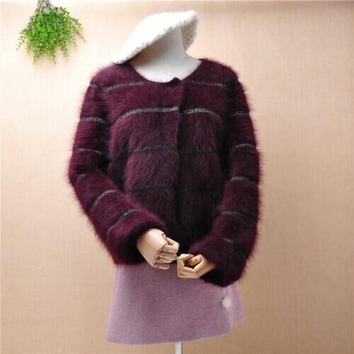Top quality Korean female women hairy mink cashmere long lantern sleeves short cardigans angora rabbit fur winter jacket coat