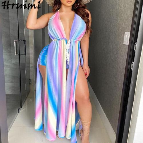Summer Set for Women Hem Split Halter Dress&short Pants Gradient Color Printed Sexy Womens Set Evening Party Club Chic 2 Pieces
