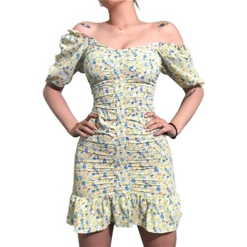 Women Summer Floral Dress Adults Off-shoulder Ruffled Slash Neck Short Sleeve Print Ruched Bodycon Beach Party Mini Dress 2021