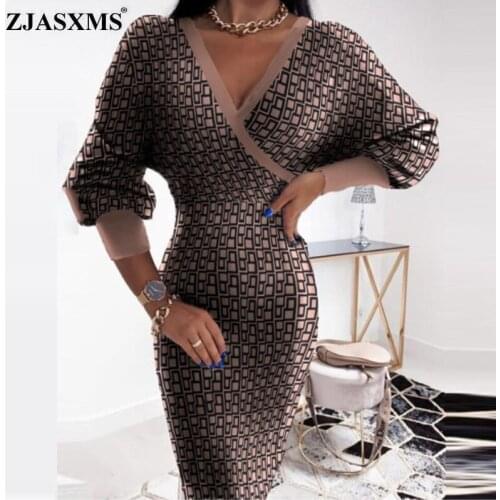 2021 Autumn Long Sleeve Office Lady Bodycon Dress Spring Retro Pattern Print Slim Party Dress Women Deep V Neck Hollow Out Dress