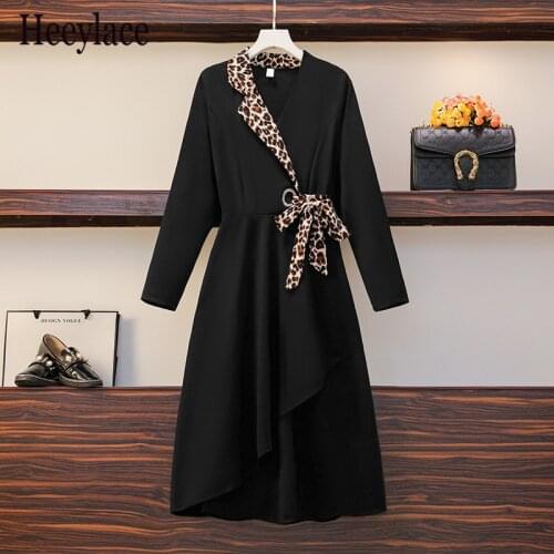 Plus Size Dresses Fashion temperament belt leopard print irregular long-sleeved dress Autumn Office Ladies Elegant Vestidos 5XL