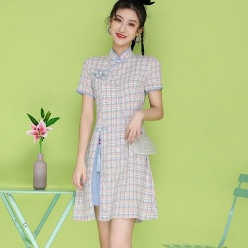 2021 New Woman Vintage Cheongsam Summer Plaid Qipao Dress Girls Wedding Dress Tight Outfit Casual Chinese Traditional Clothing