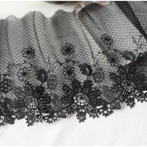 2meters/lot 19cm Single Side Polyester Delicate Soft Net Mesh Black Flower Embroidered Lace Trims Wedding Material X727
