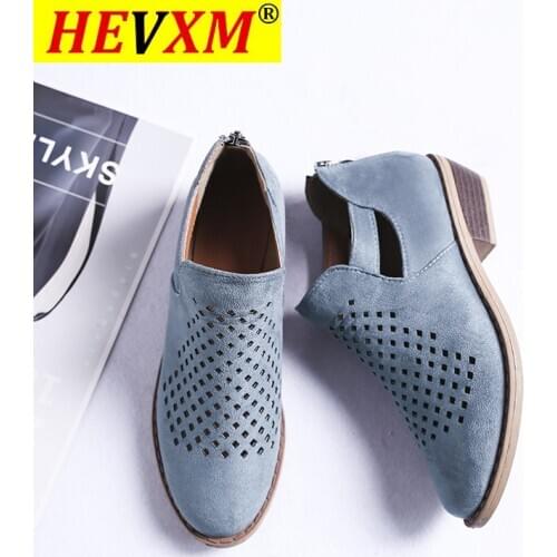 2020 Women Fashion Ladies Round Toe Pumps Flock Shallow Shoes Loafers Square Heel Hollow Out Casual Shoes Spring Women Pumps