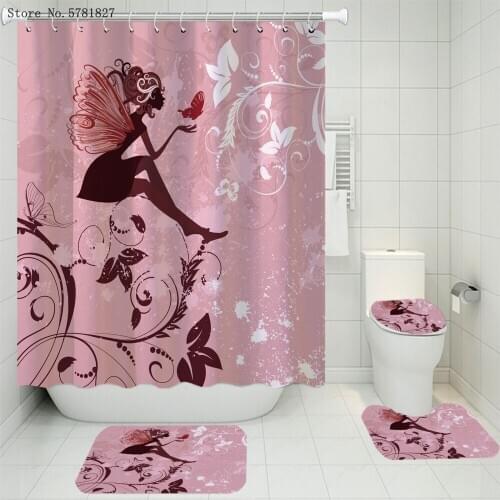 3/4 Pieces Beautiful Woman Bathroom Curtain Set Carpet Cover Toilet Cover Bath Mat Pad Set Butterfly Lady Shower Curtain Set