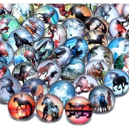 50pcs/Lot Horse Theme Glass Charms 18mm Snap Button For 18mm Snaps Bracelet Snap Jewelry KZHM066