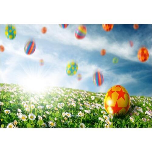 5x7ft Spring Theme Easter Photo Studio Flower Photography Background Backdrop Printed With Sunshine Grass Daisy and Flying Eggs