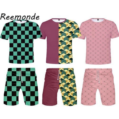 Anime Demon Slayer: Kimetsu no Yaiba Costume Tees Shorts Suit Kamado Tanjirou Kamado Nezuko Tshirt Pants Unisex Set