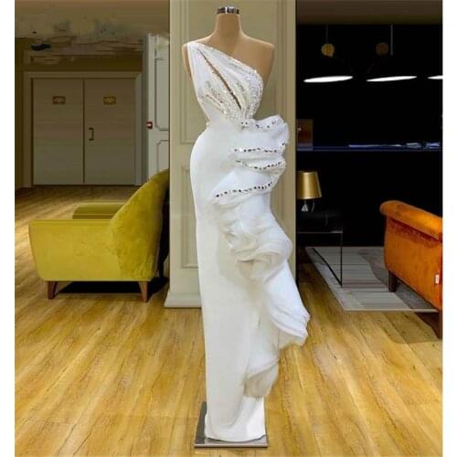 White Mermaid Prom Dress Beading Sequined One Shoulder Sleeveless Evening Dresses Tiered Ruffles Pageant Party Gowns