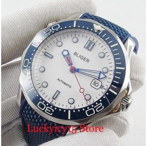 BLIGER Hot Round White 41mm Mens Watch Automatic Movement 41mm Mechanical Watch Rubber Strap