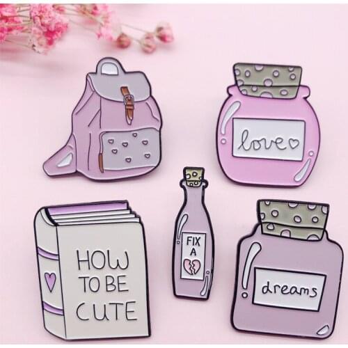 Wishing Bottle LOVE DREAM Pink Pins For Girls HOW TO BE CUTE Book Bag Women Dress T Shirt Pin Brooches Student
