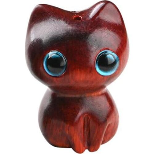 Small Leaf Red Sandalwood Wood Carving Cat Ebony 3D Kitten Pendant Key Chain Accessories Animal Statue Ornaments