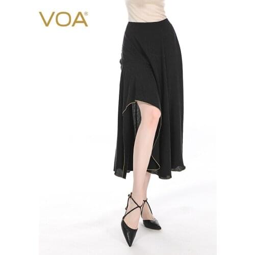 VOA Silk 22m/m Black Jacquard Back Zipper Natural Waist Open Line Overlock Irregular Split Expandable Skirt CE19