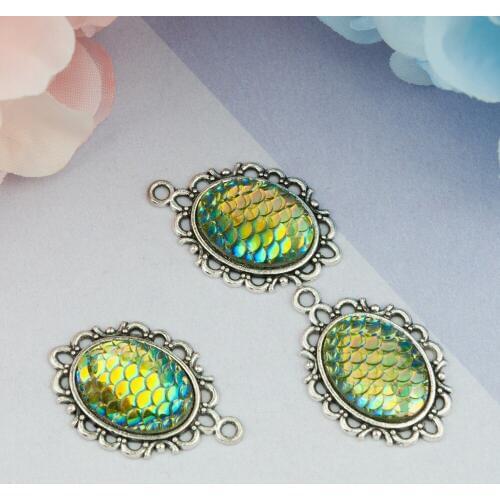 DoreenBeads Zinc Based Alloy & Resin Mermaid Fish/ Dragon Scale Pendants Oval Silver Color Colorful AB Color 31 x 20mm, 15 PCs