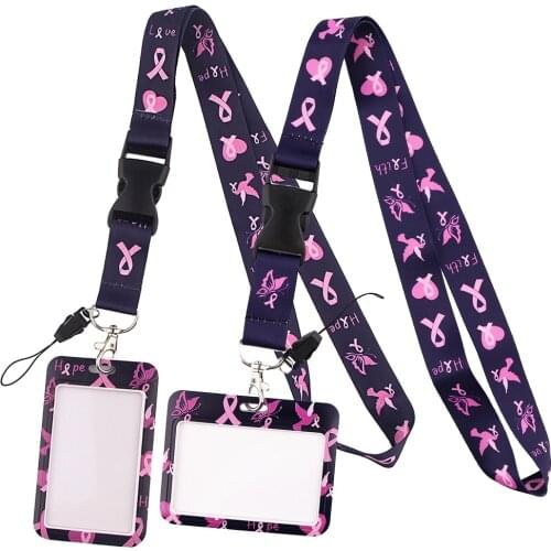 DZ1400 Pink Ribbon Breast Cancer Women Key lanyard Car Keychain Personalise ID Card Pass Gym Mobile Phone Key Ring Badge Holder
