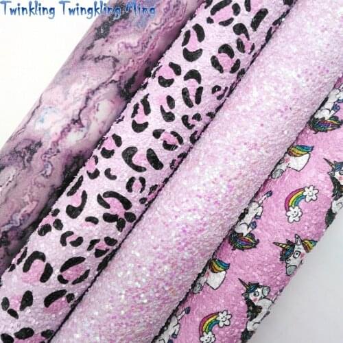 Purple Chunky Glitter Leather, Unicorn and Marble Printed Faux Fabric Synthetic Leather For Bow 21x29CM Twinkling Ming KM443