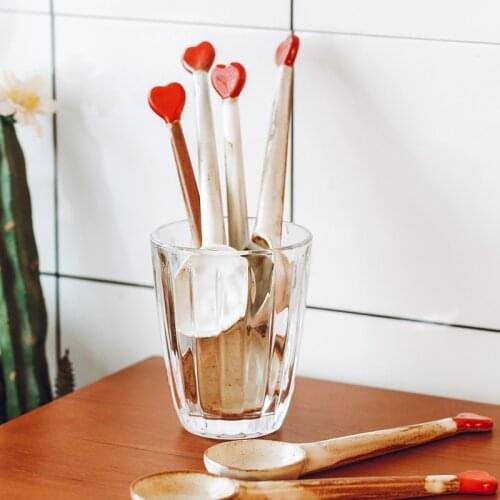 Handmade Ceramic Spoon Korean Retro Love Stir Coffee Long Handle Spoon Dessert Egg Household Cake Kitchen Tool