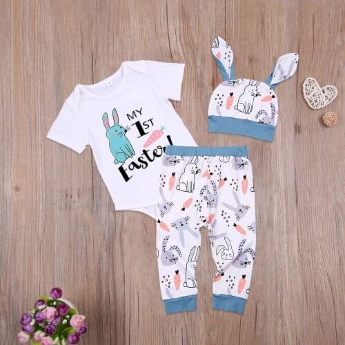 Three Piece Baby’s Clothes Set Easter Day Cute Rabbit Letter Long Sleeve Romper and Stripe/Print Pants with Hat