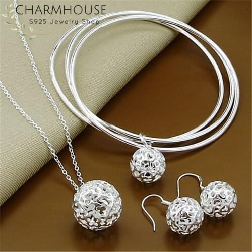Charmhouse Pure Silver Jewellery Sets For Women Hollow Ball Earrings Necklace Bangle 3pcs Wedding Jewelry Accessory Party Gifts