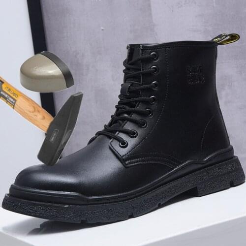 Men Motorcycle Ankle Boots Autumn Safety Shoes Leather Lace-Up Military Boots Steel Toe Indestructible Security Working Shoes
