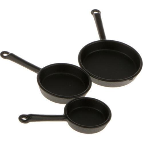 New 1/12 Scale 3pcs Dollhouse Miniature Metal Frying Pans Cooking Pot Cookware Kitchen Accessory Black