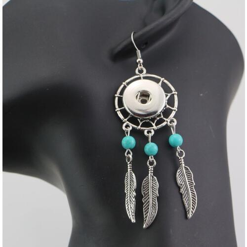 New fashion jewelry vintage silver 12mm button Snap drop earring leaf tassel bohemian style earrings for women girls wholesale