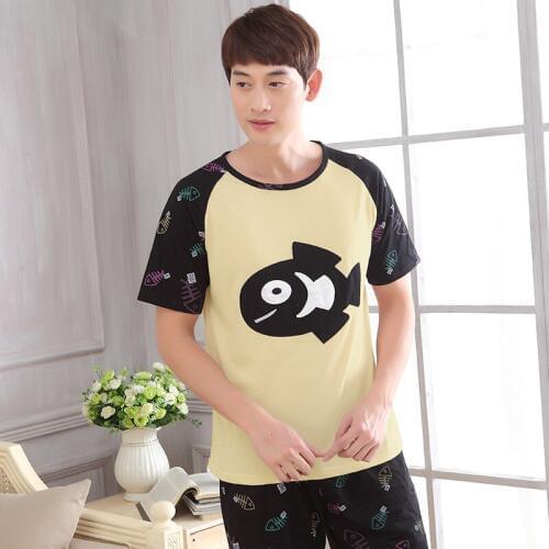 Men new cute cartoon cotton thin mens youth pajamas 2019 summer leisure home two piece pajama sets pajama men men pajamas