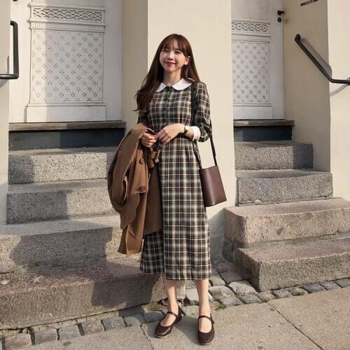 New Autumn Dress Girls Boho Party Female Vintage Dress plaid buttons collar Long Sleeve Women Dresses Long Robe Vestido