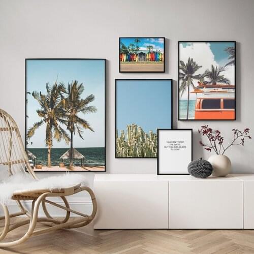 Tropical Sea Palm Tree Cactus Yacht Landscape Wall Art Canvas Poster Nordic Print Painting Wall Picture For Living Room Decor