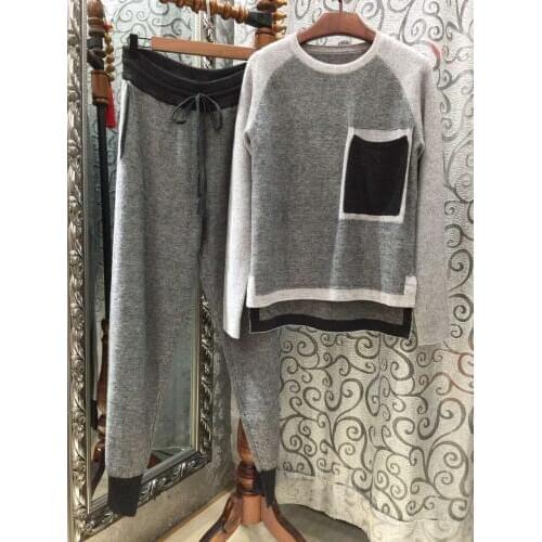 2020 O-neck Pockets Crop Top Full And Skirt Set Spring New High Quality Cashmere 2 Suit Color Sweater + Knitted Trousers Of 45