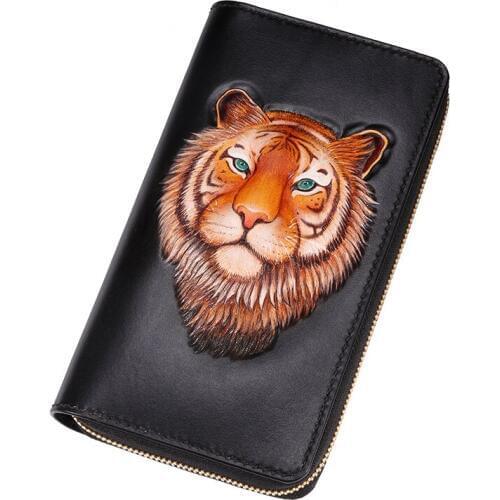 High-end customization Genuine Leather Wallets Carving Tiger Bag Purses Men Long Clutch Vegetable Tanned Leather Wallet Gift