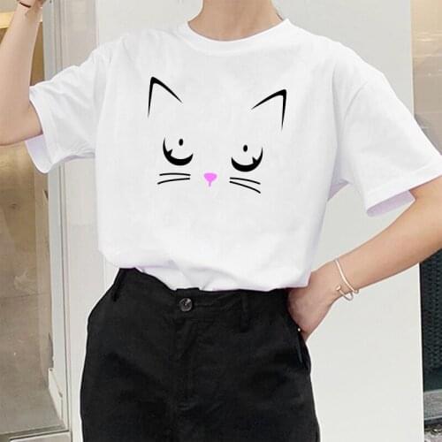 Cat Face Print Funny Womens T-shirts Short Sleeve Summer Casual Cut Tees Tops for Women Clothes Korean Style Femme T-shirts