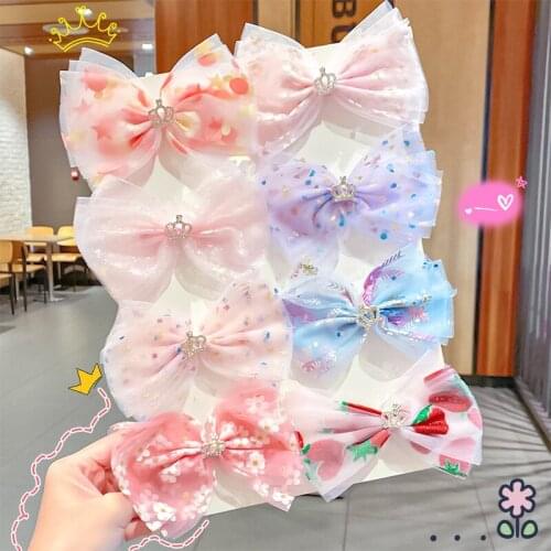 Korean Bow Yarn Big Hair Clip For Girl Fashion Hairpin Hair Accessories Crown Sequins Barrette Children Kids Hairgrips Headwear