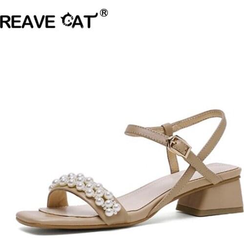 REAVE CAT 2021 Big Size 32-42 Women Sandals Genuine Leather Sweet Pearls 4cm Square Heel Ladies Dress Beige White Big Size B2614