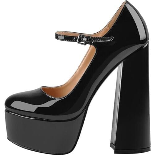 Richealnana Womens Platform Mary-Jane Round Toe Chunky High Pumps Heels Ankle Strap Dress Hoof Heels Black Shoes Big Size shoes