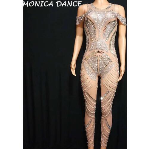 Women Sexy Mesh Silver Sparkly Rhinestones Jumpsuit Singer Dance Outfit See Through Nightclub Wear Birthday Celebrate Jumpsuit